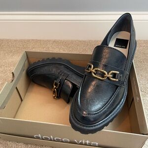 Dolce Vita Black Leather Loafers with Gold Accent